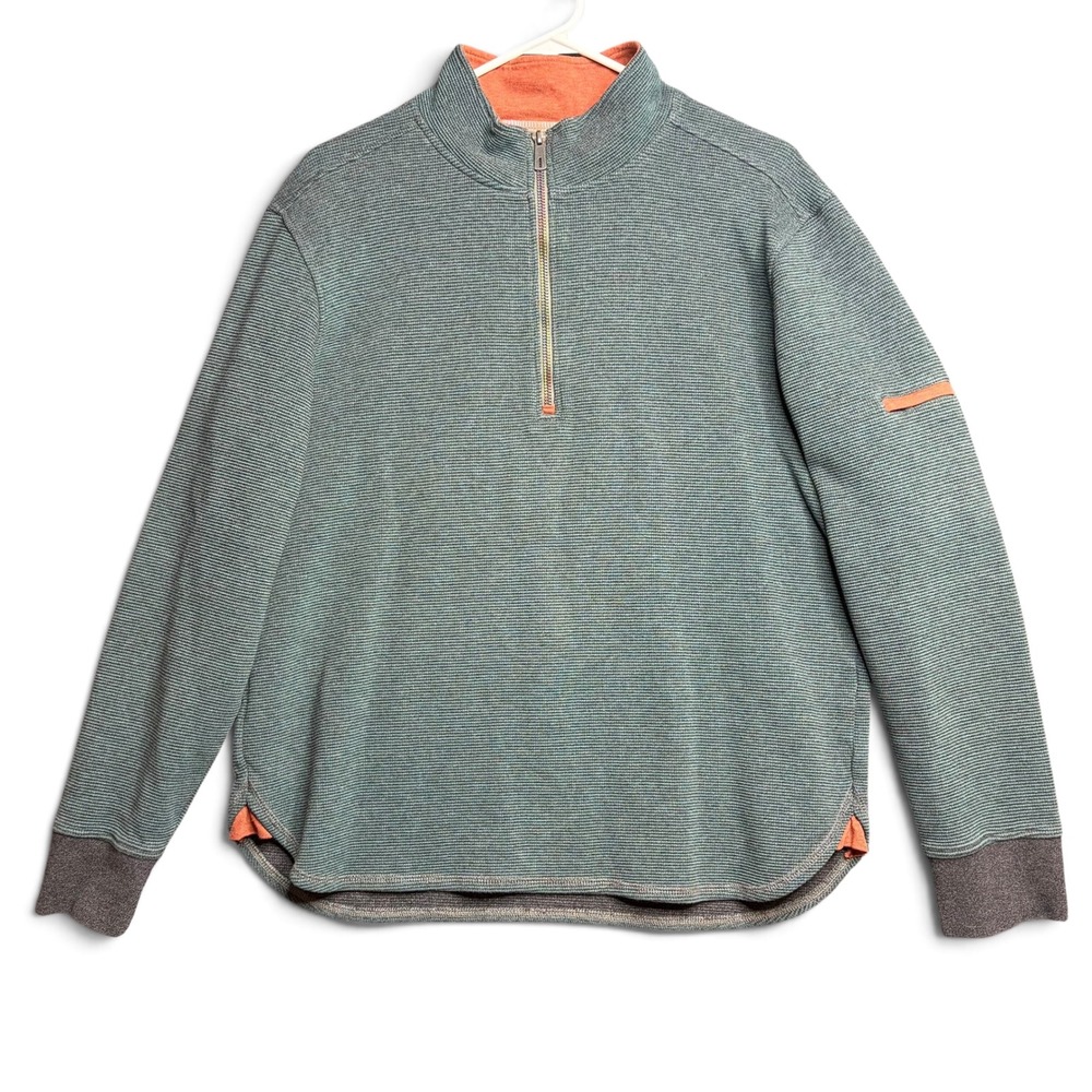 Robert Graham Mens Quarter Zip Pullover Teal Ribbed Cotton Sweater Size M Preppy